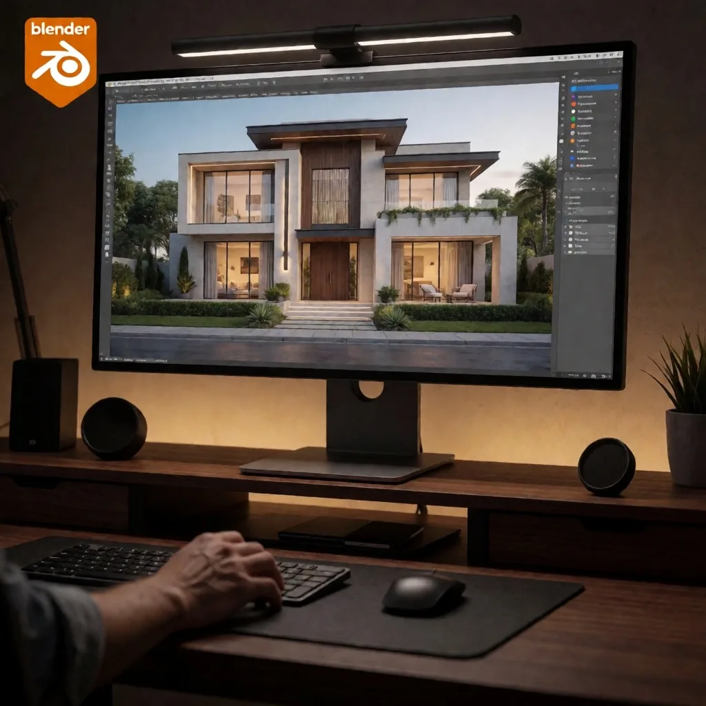 Estudio de visualización 3D con render arquitectónico en pantalla