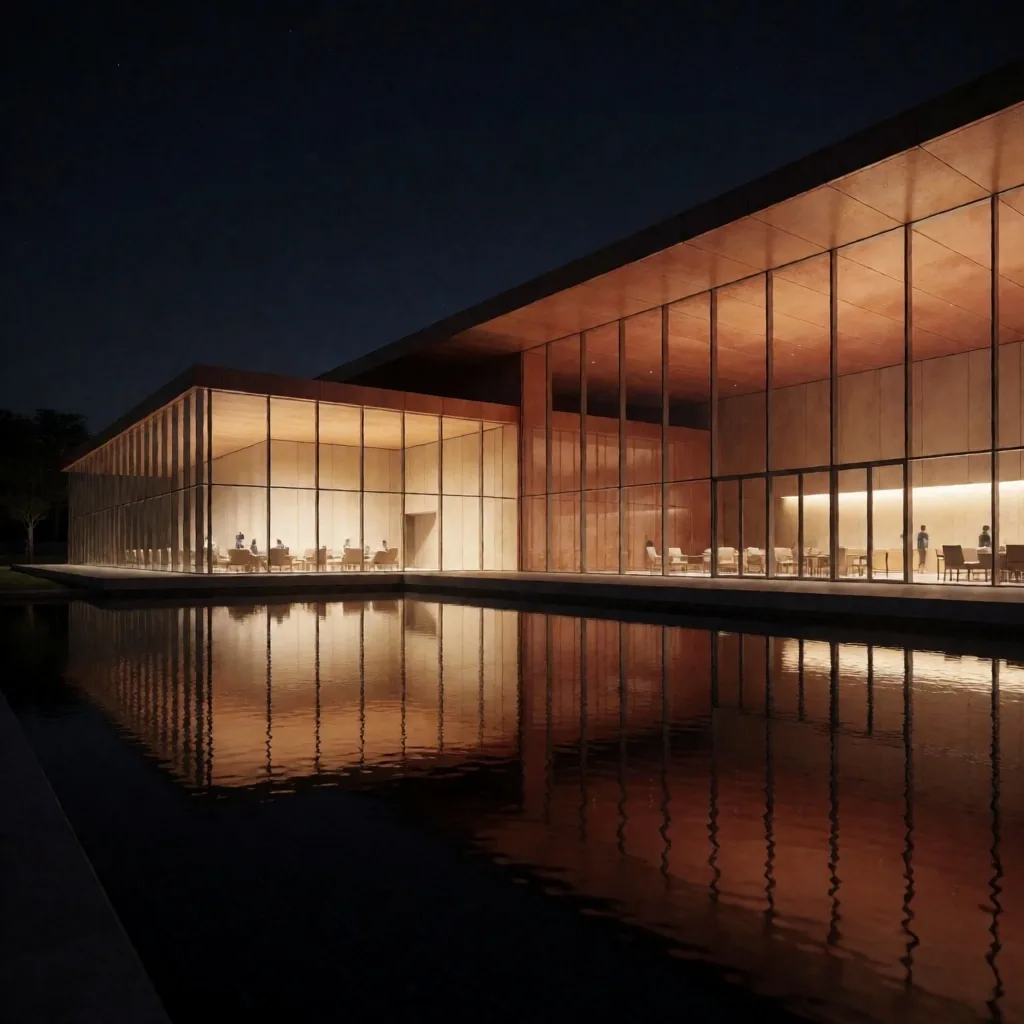Render arquitectónico nocturno de edificio contemporáneo