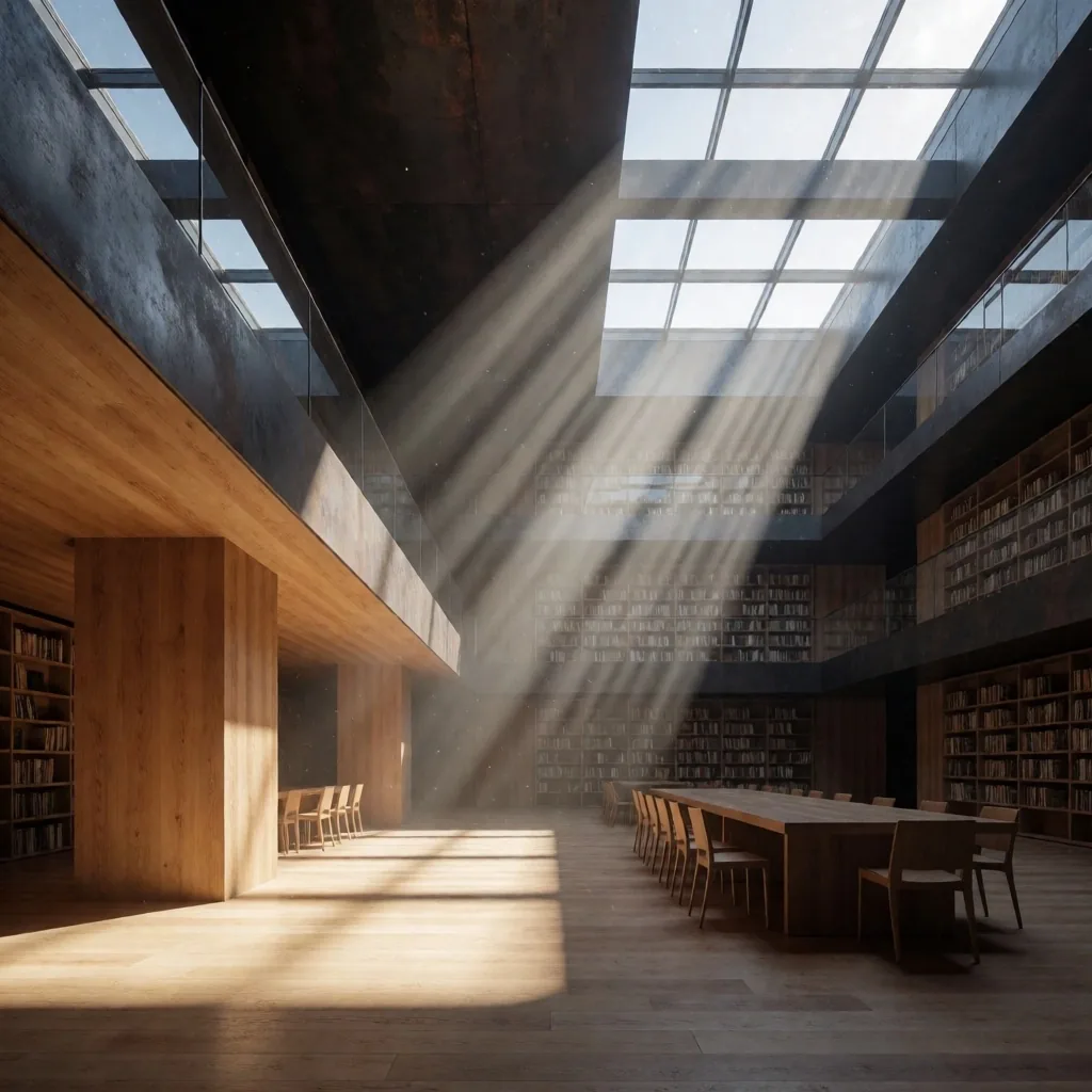Render arquitectónico cinematográfico con luz volumétrica