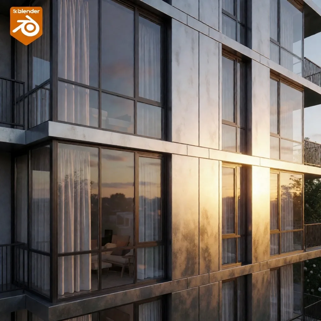 Render arquitectónico fotorrealista de fachada contemporánea
