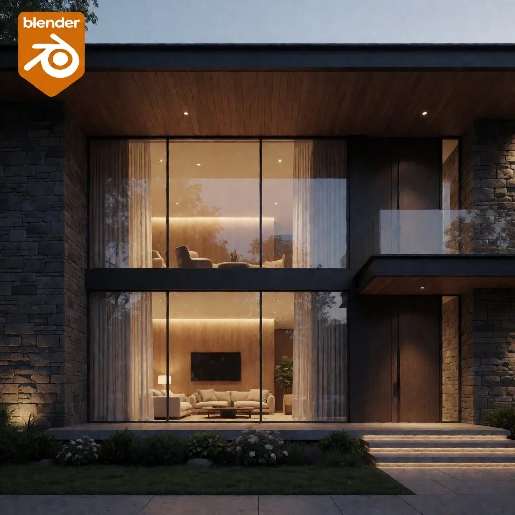 Render de fachada arquitectónica al atardecer