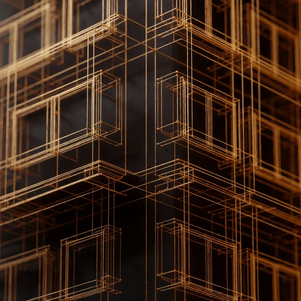 Modelo 3D en estructura wireframe sobre fondo oscuro