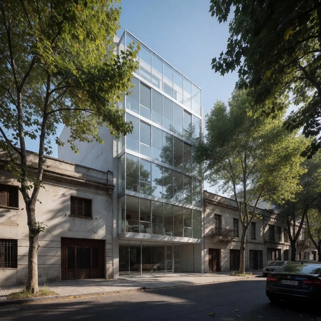 Fotocomposición de edificio 3D integrado en entorno urbano real
