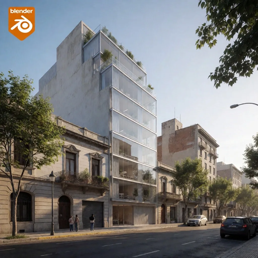Fotocomposición de edificio 3D en calle real de Buenos Aires