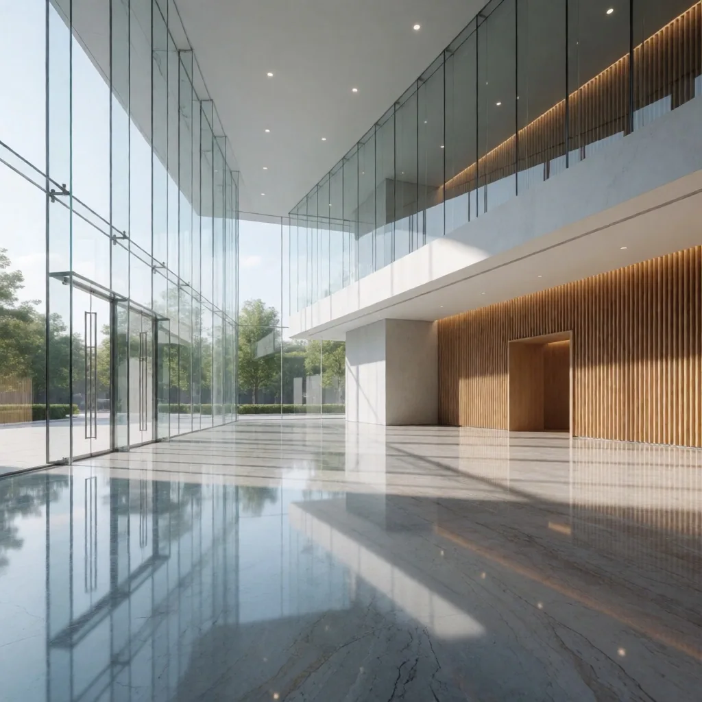 Render de lobby corporativo con doble altura