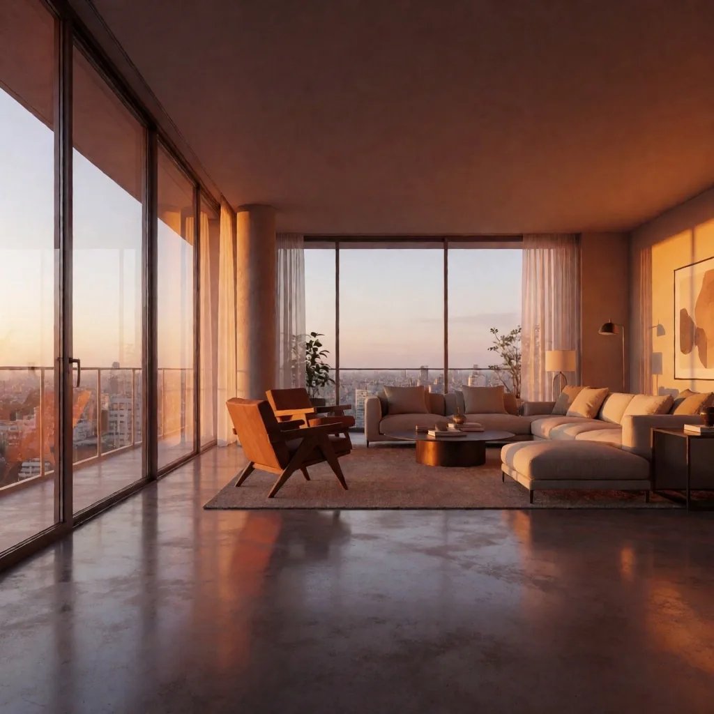 Render arquitectónico de interior de apartamento al atardecer
