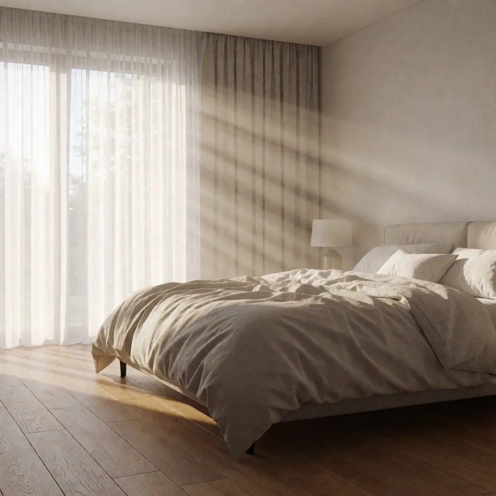 Render de dormitorio con luz matinal, proyecto de estudiante
