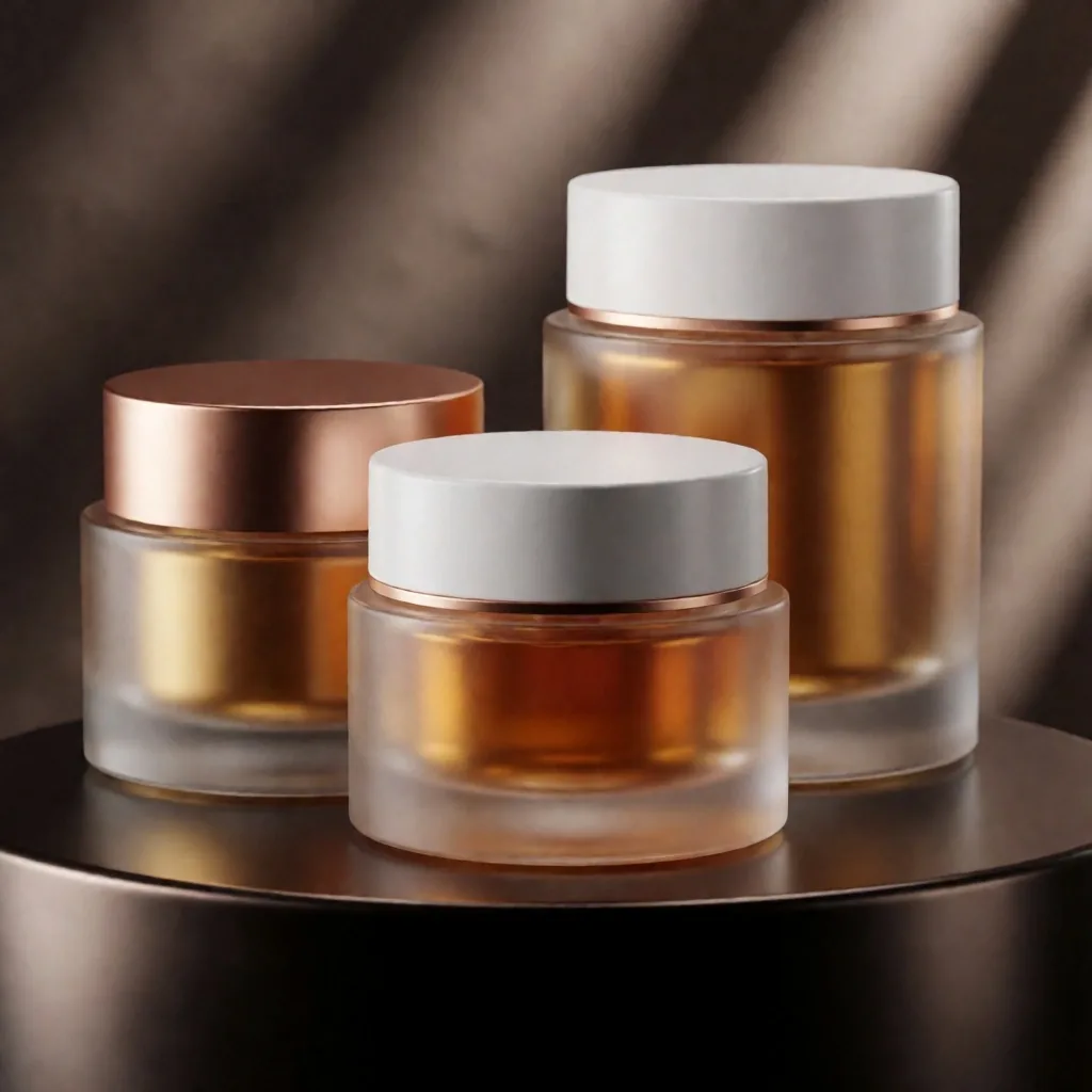 Render de envases cosméticos con material vidrio y líquido
