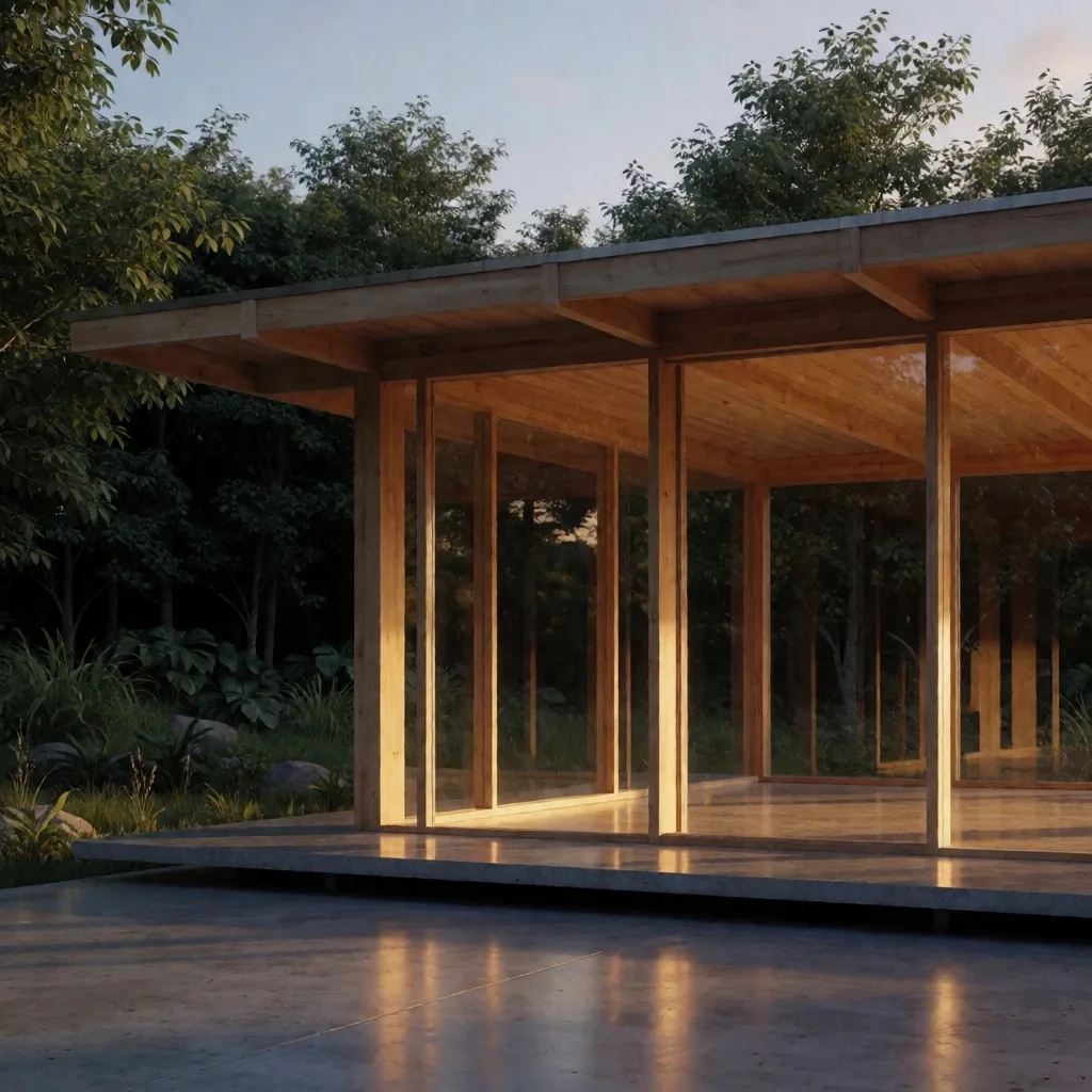 Render de pabellón arquitectónico al atardecer, proyecto de estudiante