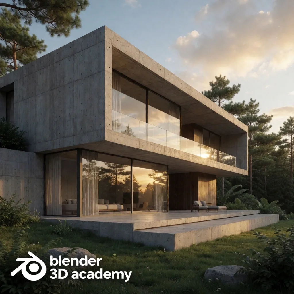 Render exterior de casa de hormigón al atardecer