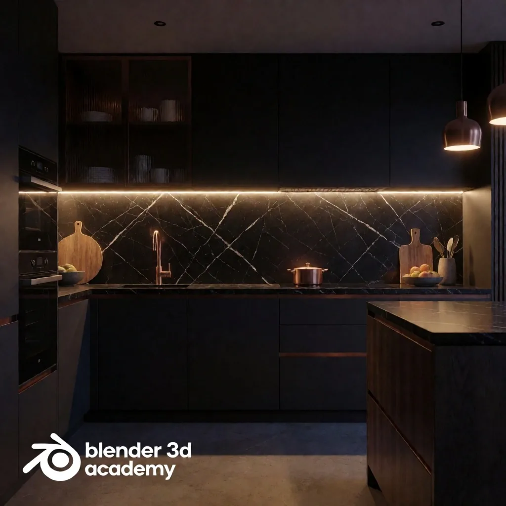 Render interior de cocina moderna con iluminación nocturna