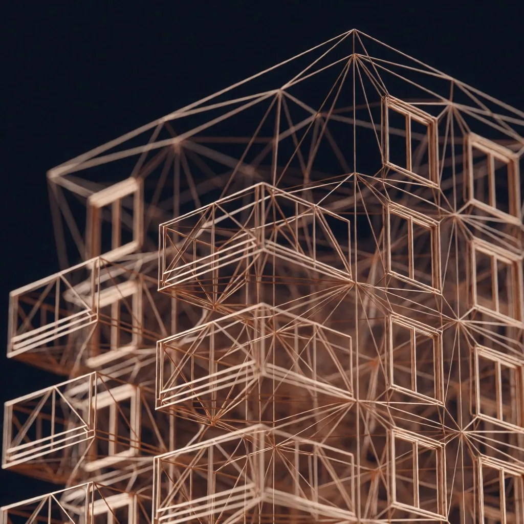 Malla wireframe 3D de modelo arquitectónico
