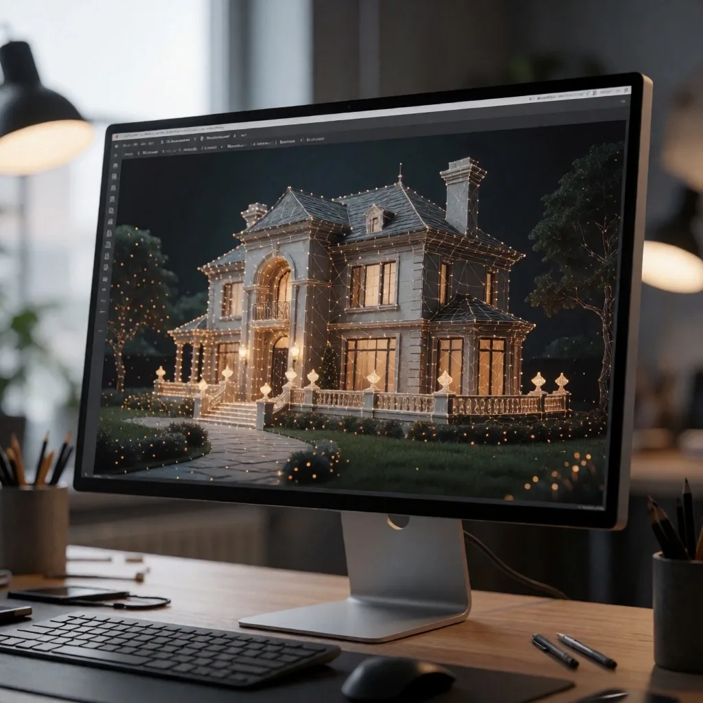 Render arquitectónico 3D en monitor de estudio